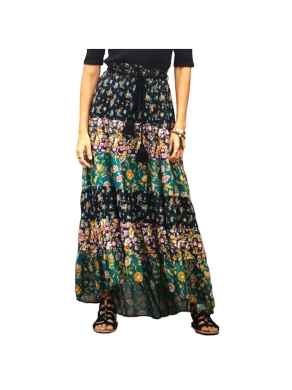 Sundance Beauty in Bloom Floral Tiered Hi Low Peasant Skirt Size S